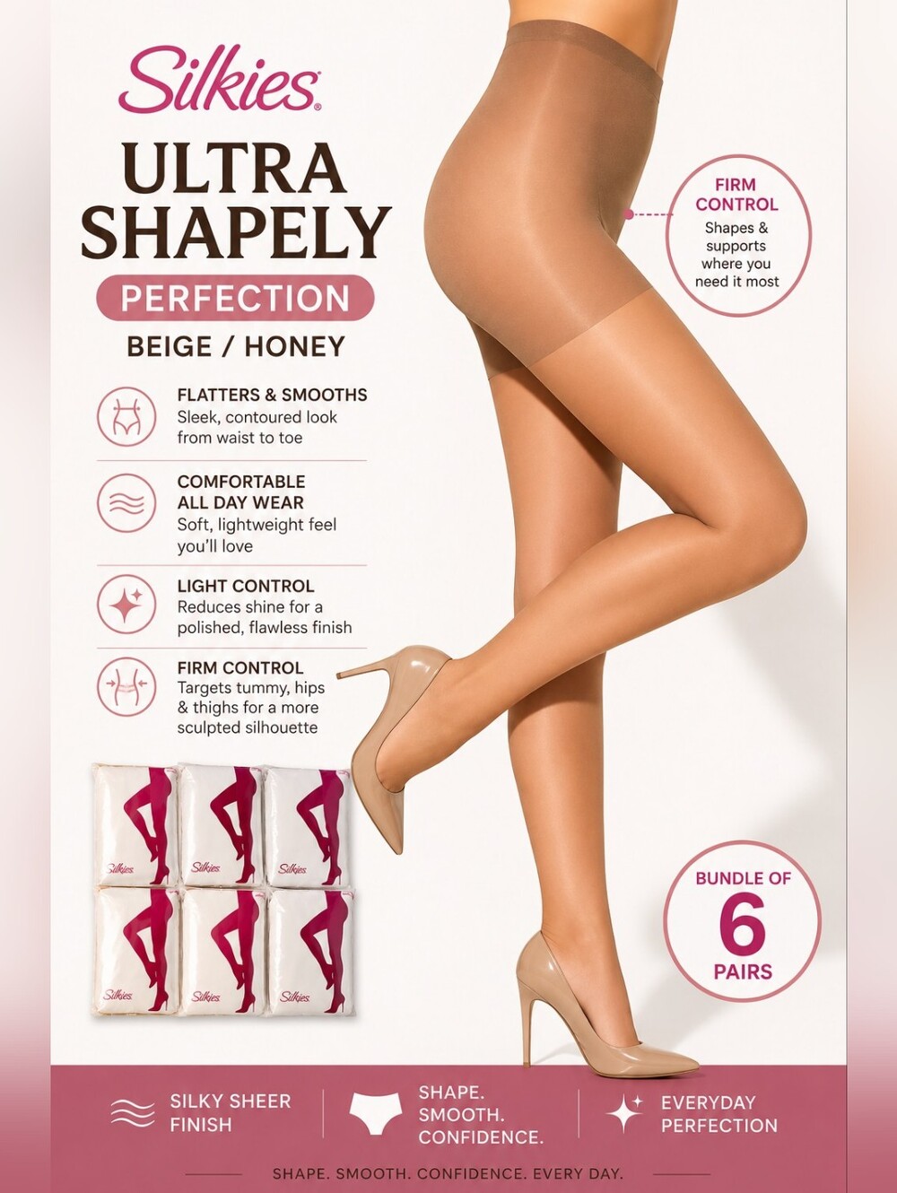 Silkies Ultra Shapely Perfection Pantyhose Bundle of 6 Beige/Honey